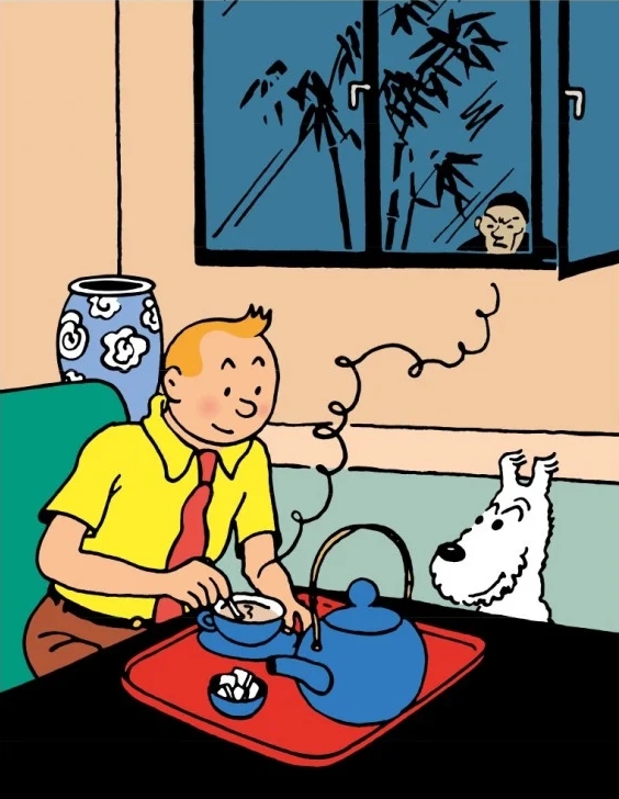 Poster Hergé case - Les aventures de Tintin T05 - Le Lotus bleu - Tintin prend le thé devant la fenêtre