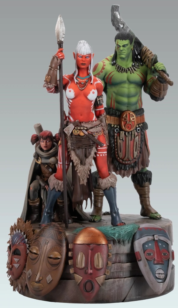 Figurine résine Mondes d'Aquilon - Elfes - Turuk ‘Masque’, Lea’Saa & Irinild - Diorama des masques (Attakus)